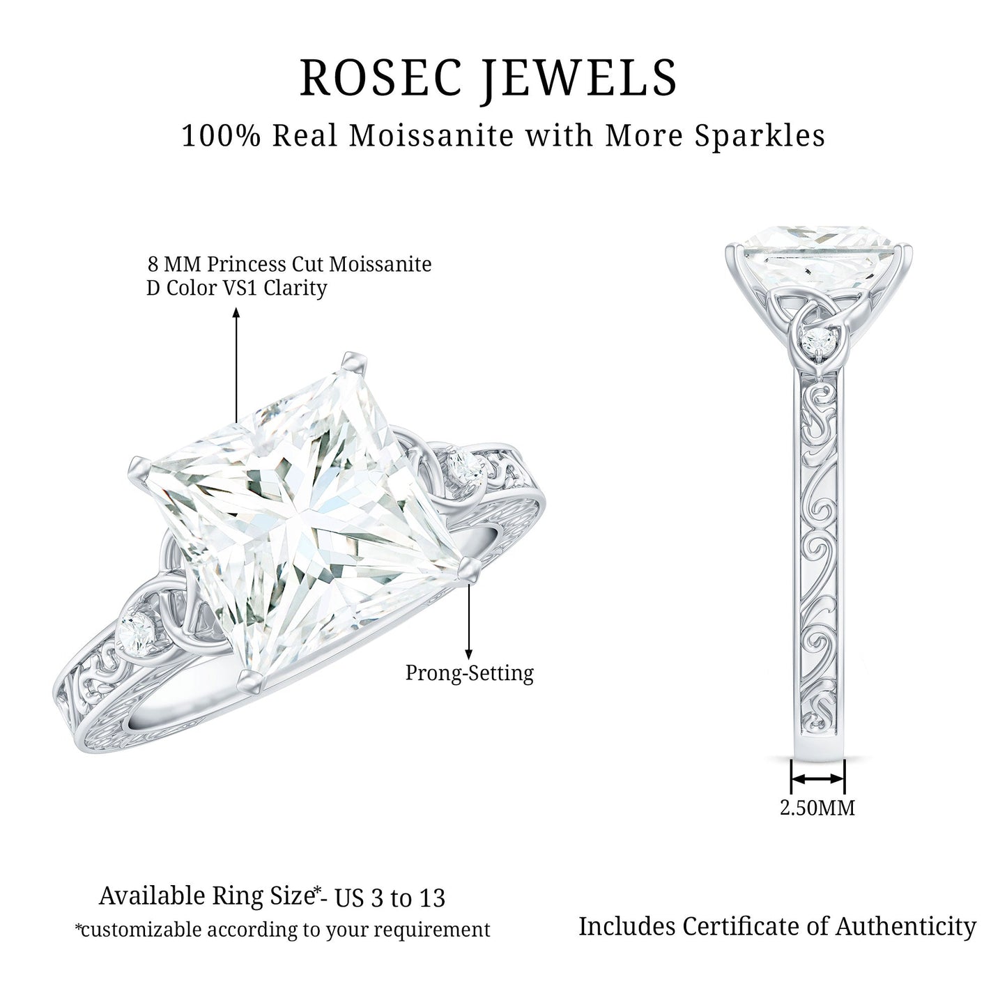 Antique Style 3 Carat Princess Cut Moissanite Celtic Knot Engagement Ring