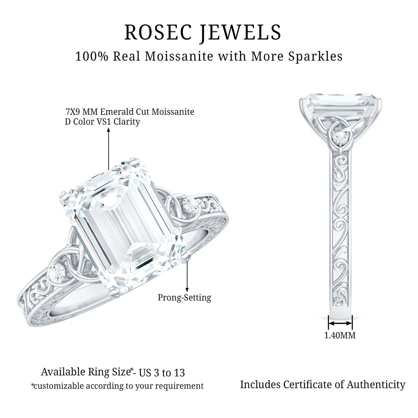 2.8 Carat Emerald Cut Moissanite Solitaire Celtic Ring with Engraved Shank
