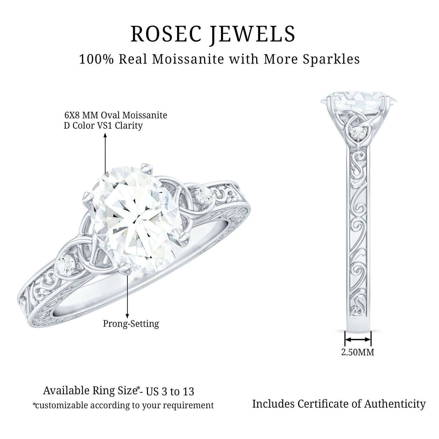 1.2 Carat Oval Cut Moissanite Celtic Engagement Ring with Engraving Details