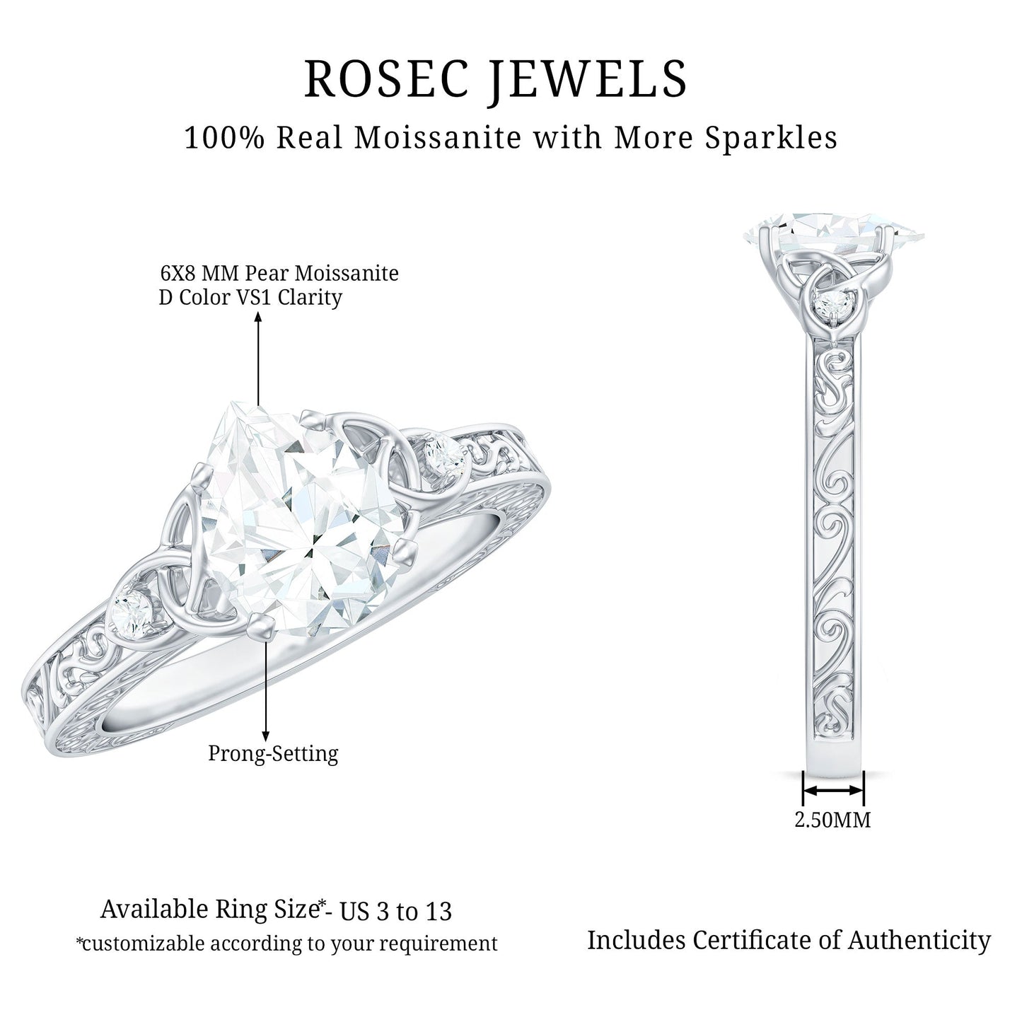 1.3 Carat Certified Moissanite Teardrop Solitaire Engagement Ring with Engraved Shank