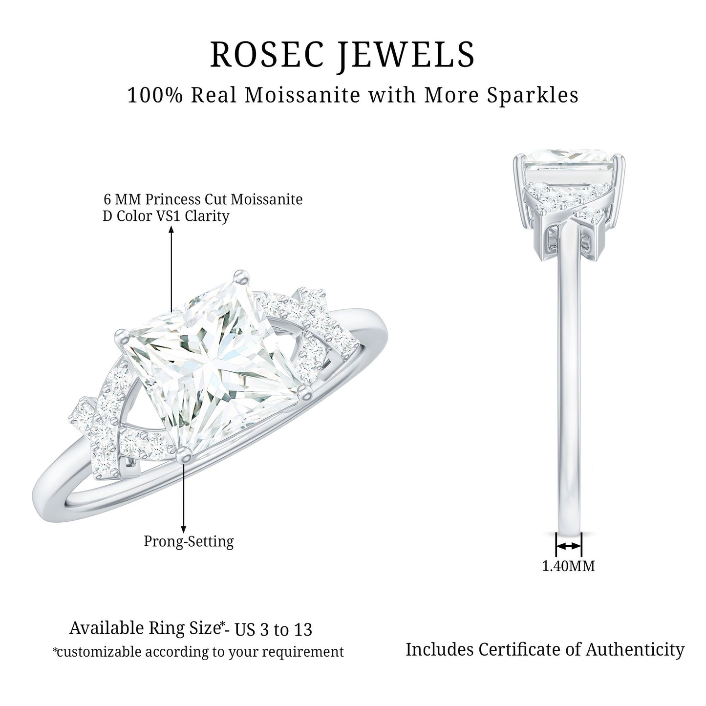 1.2 Carat Princess Cut Moissanite Solitaire Engagement Ring