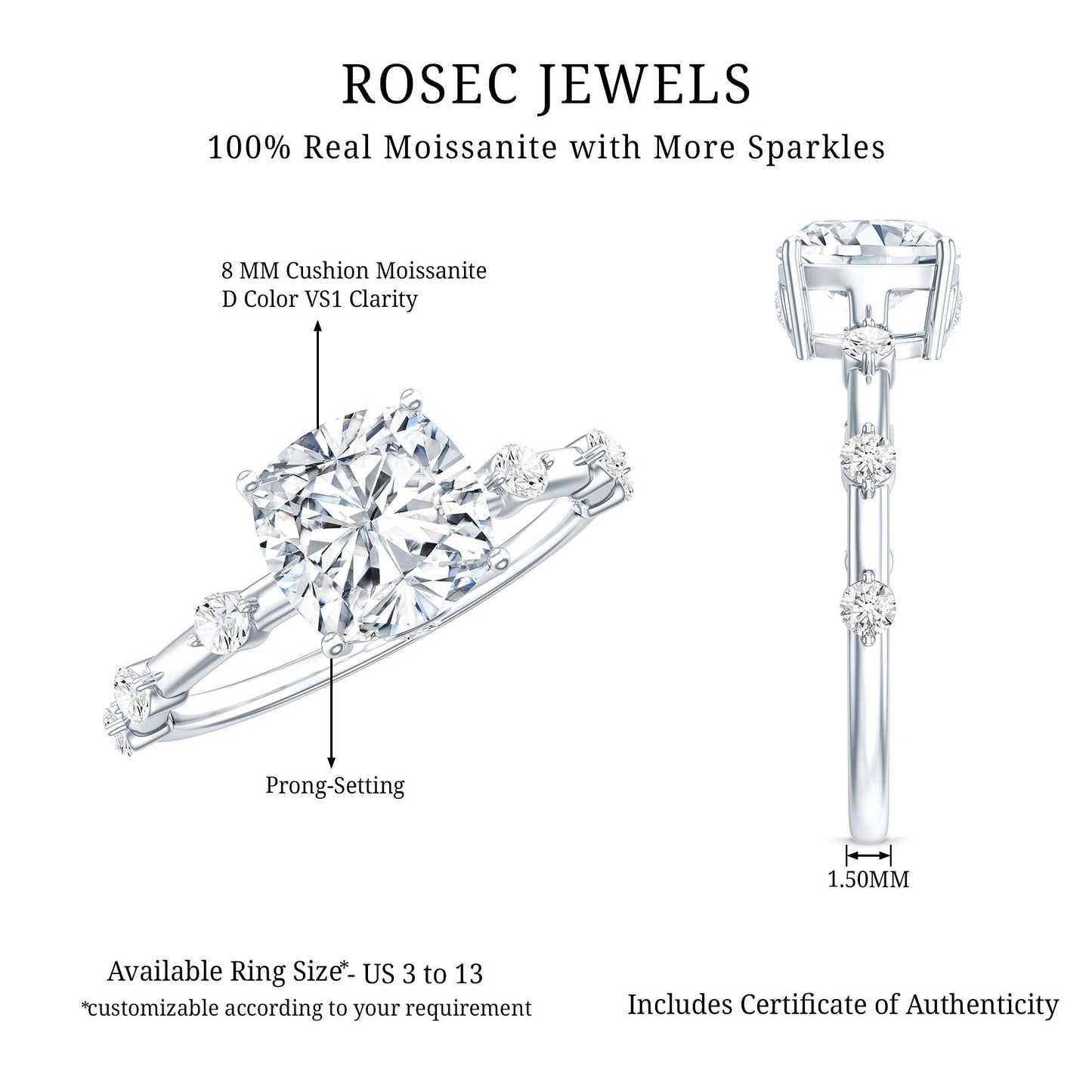 Certified Cushion Cut Moissanite Huge Engagement Ring