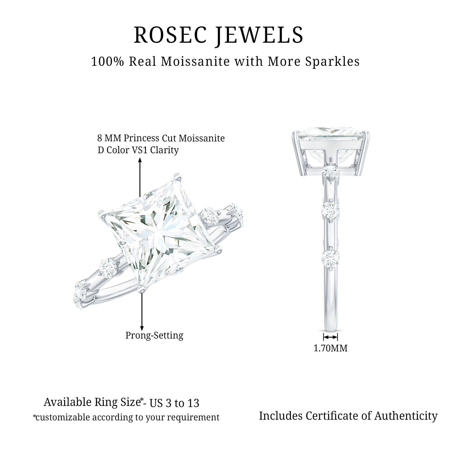 3 Carat Certified Princess Cut Moissanite Solitaire Engagement Ring