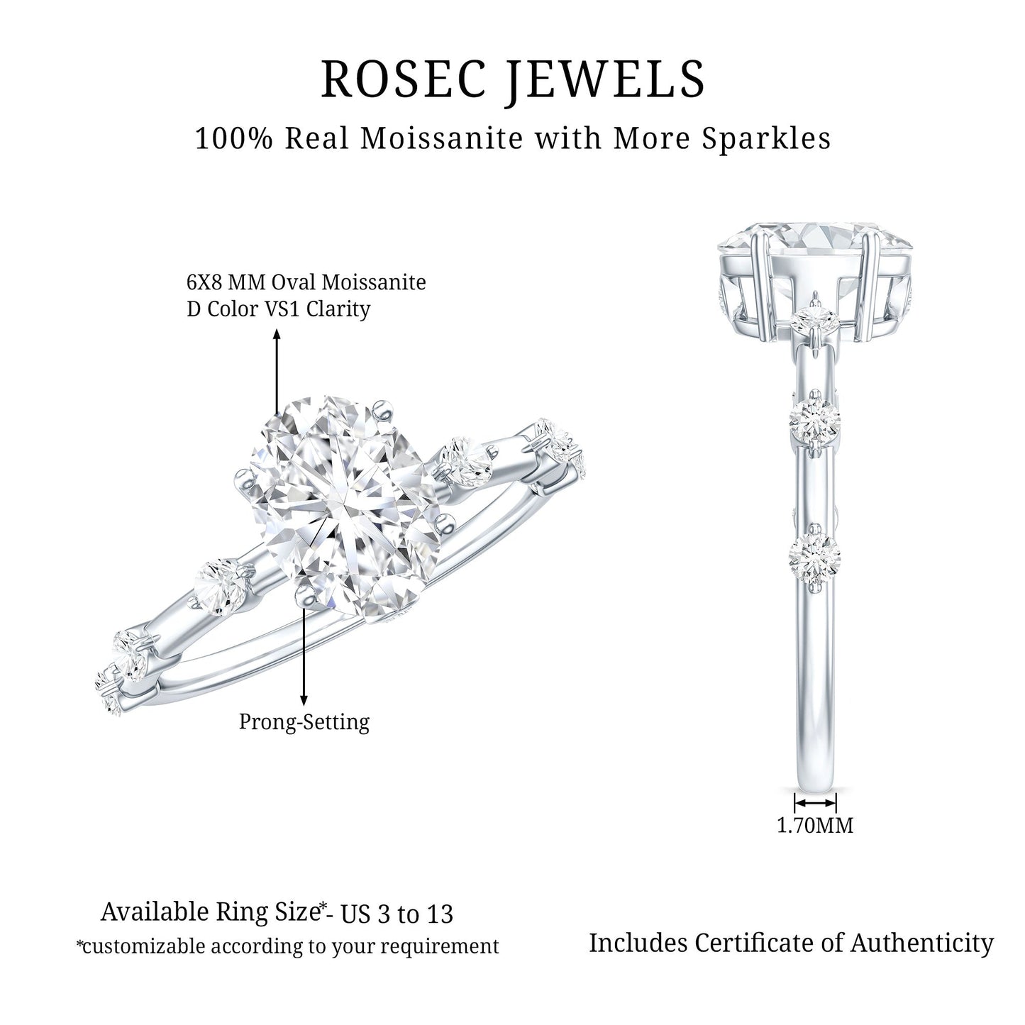 Certified 1 Carat Moissanite Oval Engagement Ring for Women