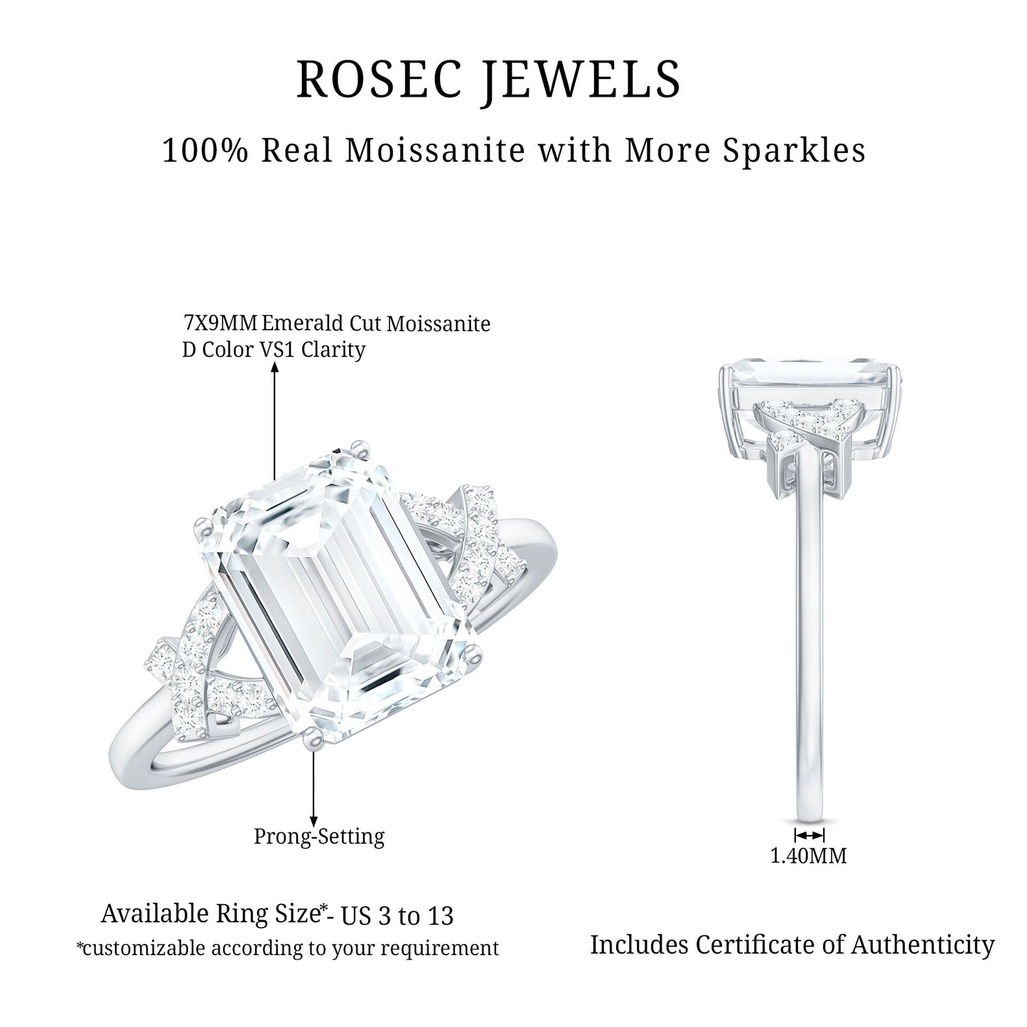 2.8 Carat Emerald Cut Certified Moissanite Solitaire Engagement Ring