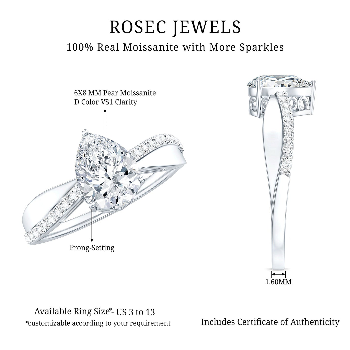 1.3 Carat Pear Shape Moissanite Solitaire Engagement Ring