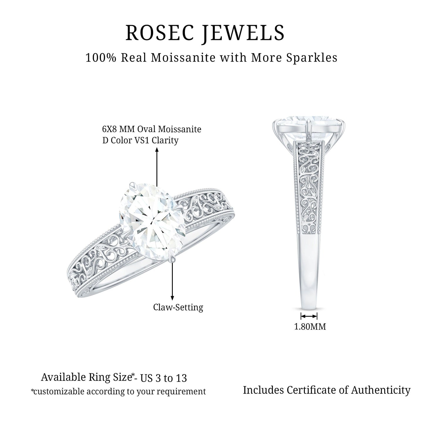 1.2 Carat Moissanite Oblong Engagement Ring with Filigree Shank