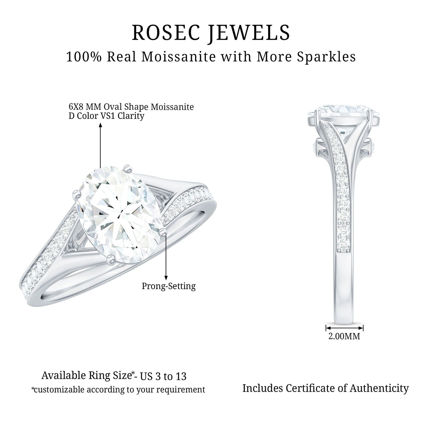 1.2 Carat Oval Cut Moissanite Solitaire Engagement Ring with Split Shank
