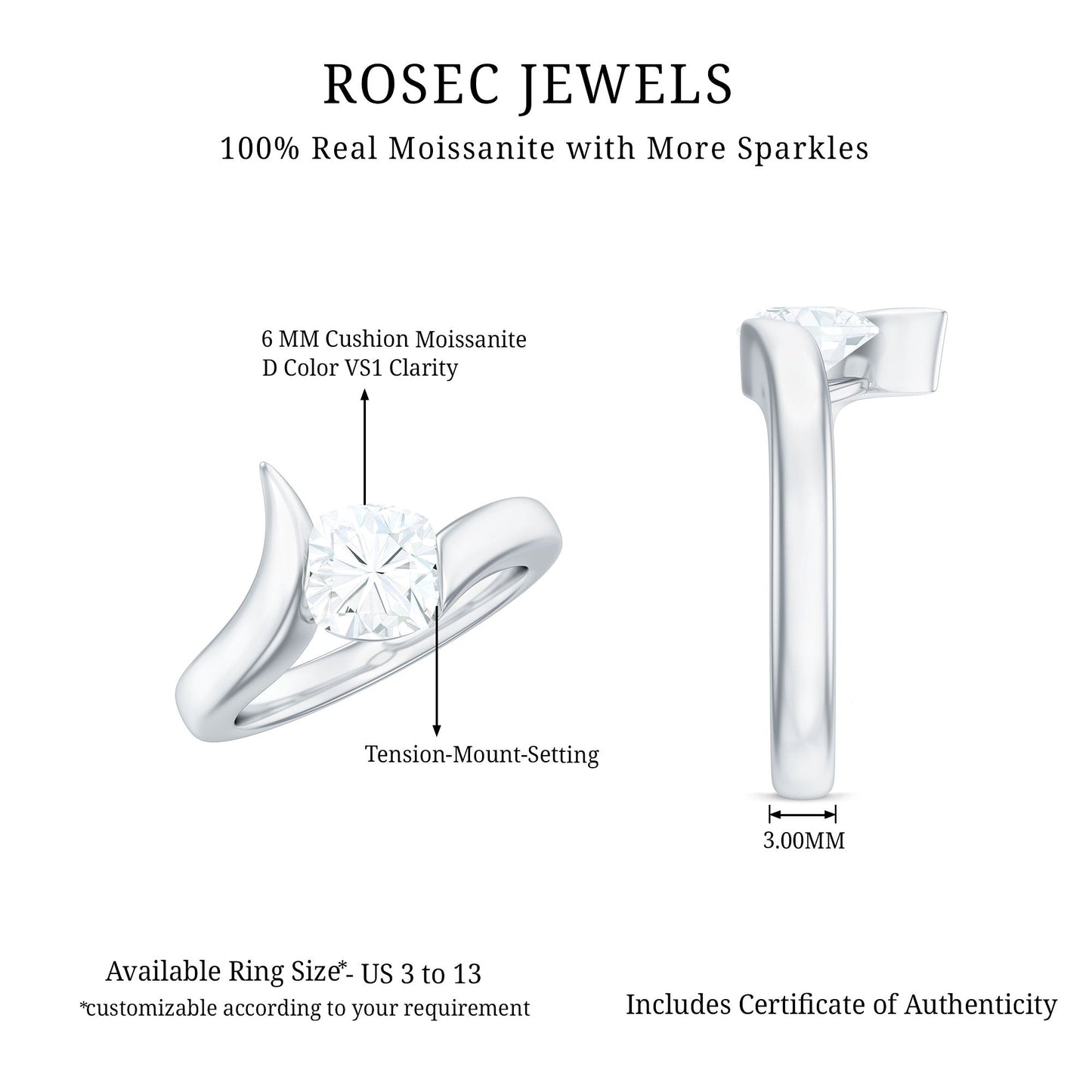 1.7 Carat Cushion Cut Moissanite Solitaire Engagement Ring with Bypass Shank
