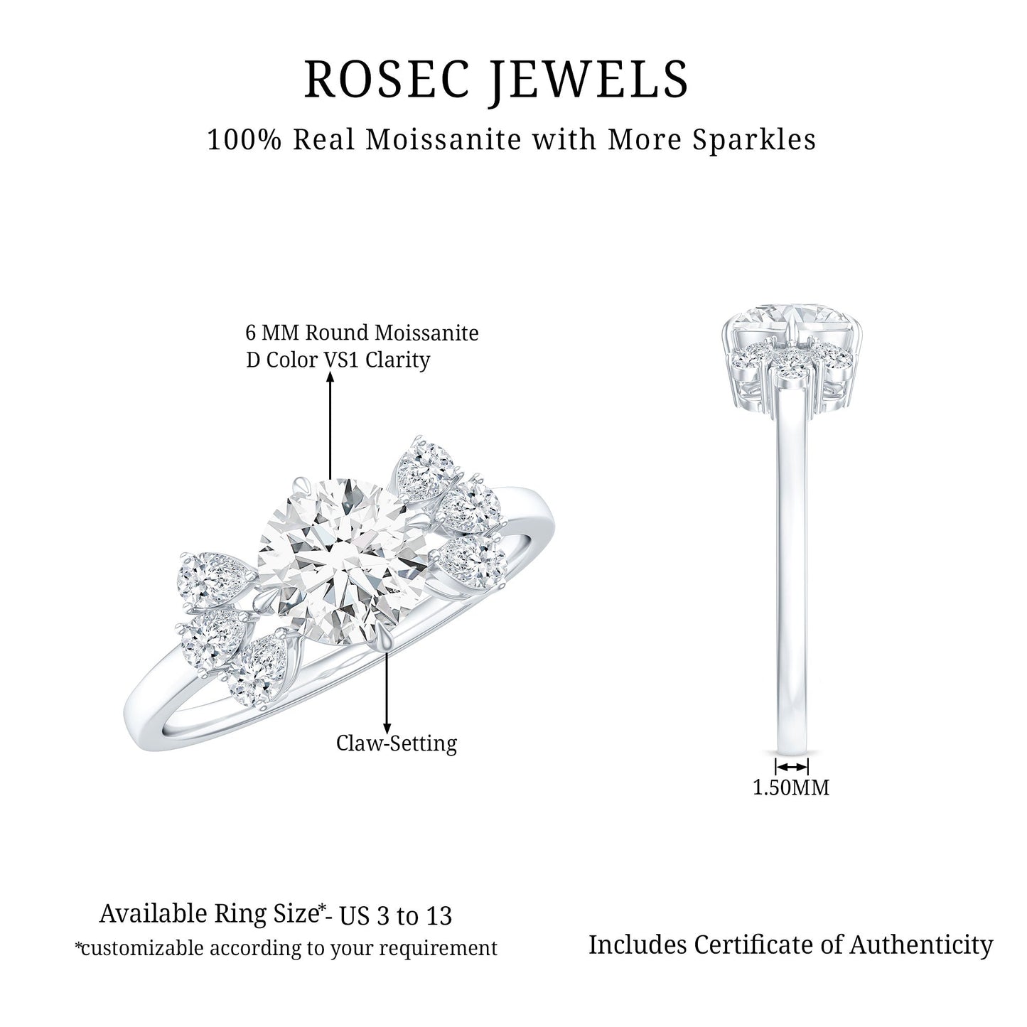 0.9 Carat Round Moissanite Minimal Solitaire Engagement Ring