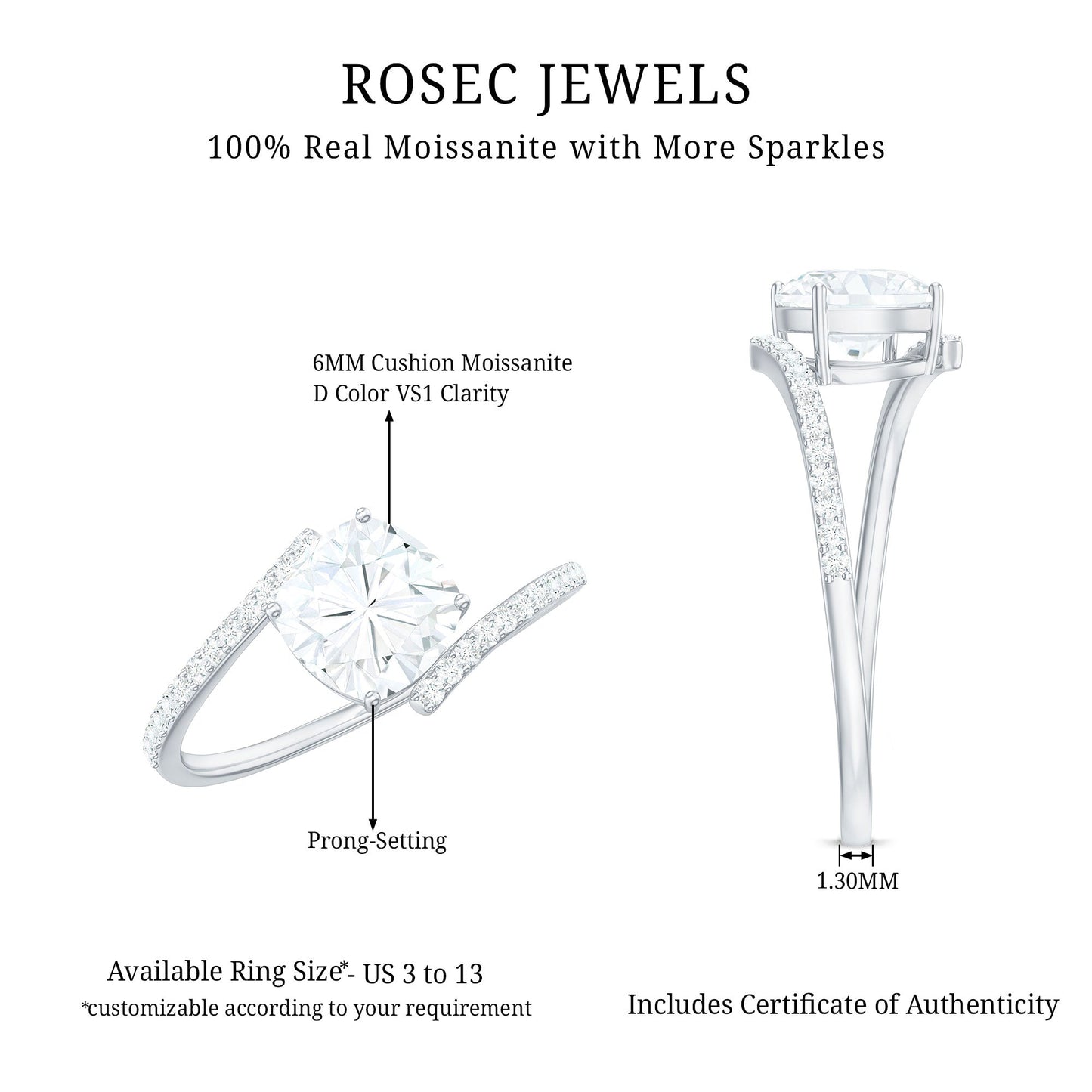 1.7 Carat Cushion Cut Solitaire Moissanite Bypass Engagement Ring