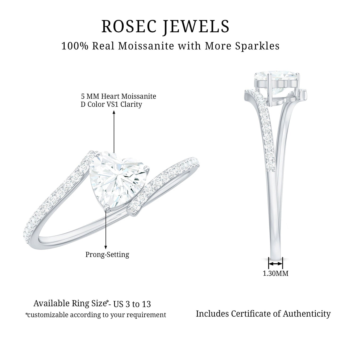 0.5 Carat Heart Shape Moissanite Promise Ring with Bypass Shank