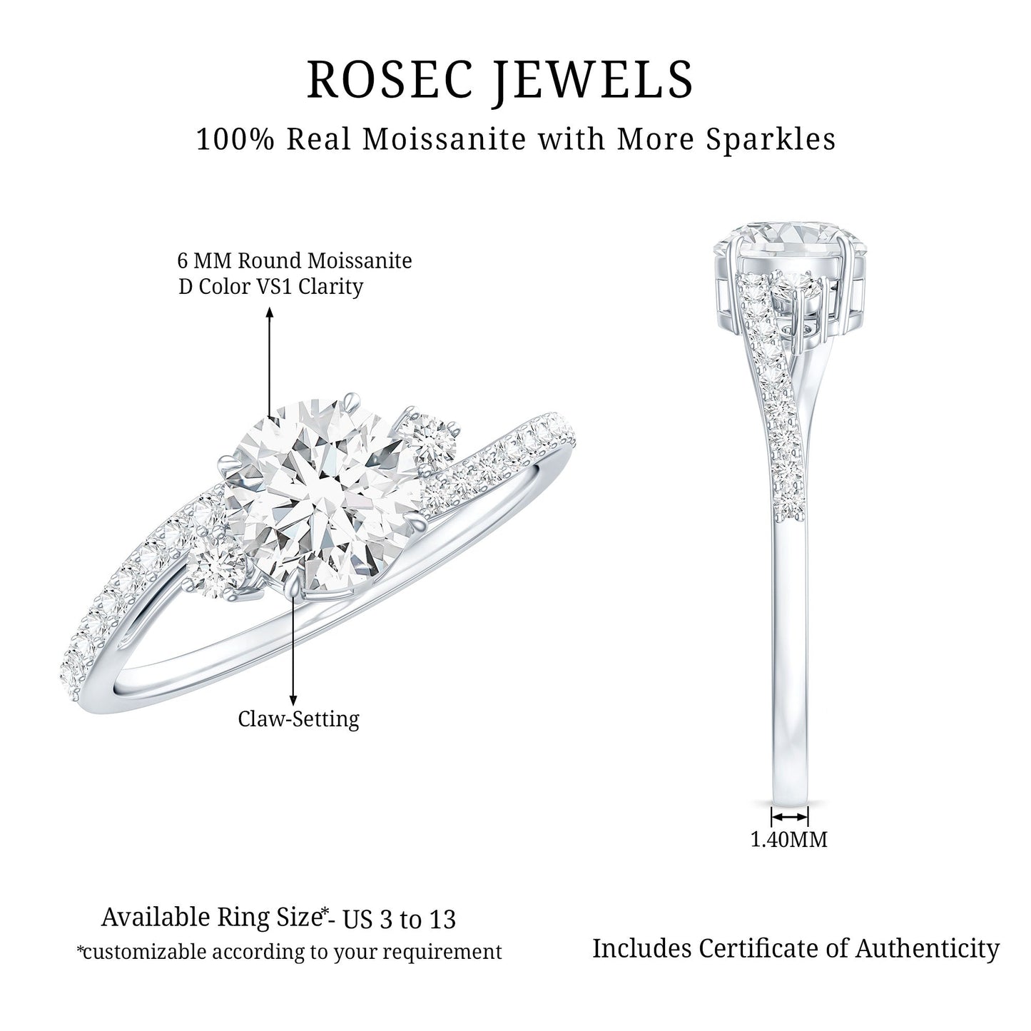 Round Shape Moissanite Bypass Engagement Ring with Side Stones
