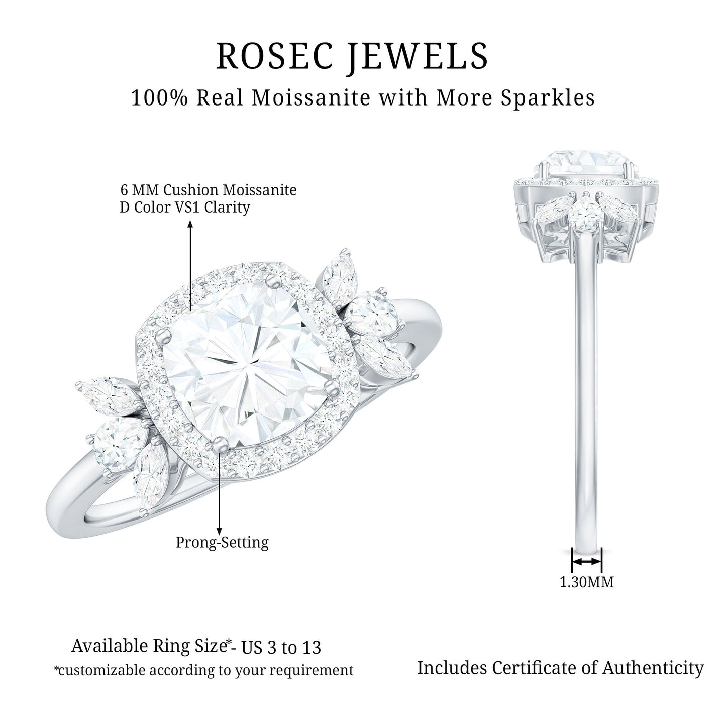 1.7 Carat Cushion Cut Moissanite Designer Halo Engagement Ring