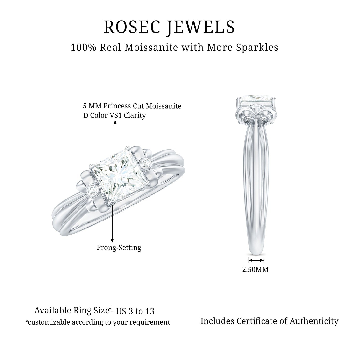 0.7 Carat Princess Cut Certified Moissanite Designer Bow Engagement Ring