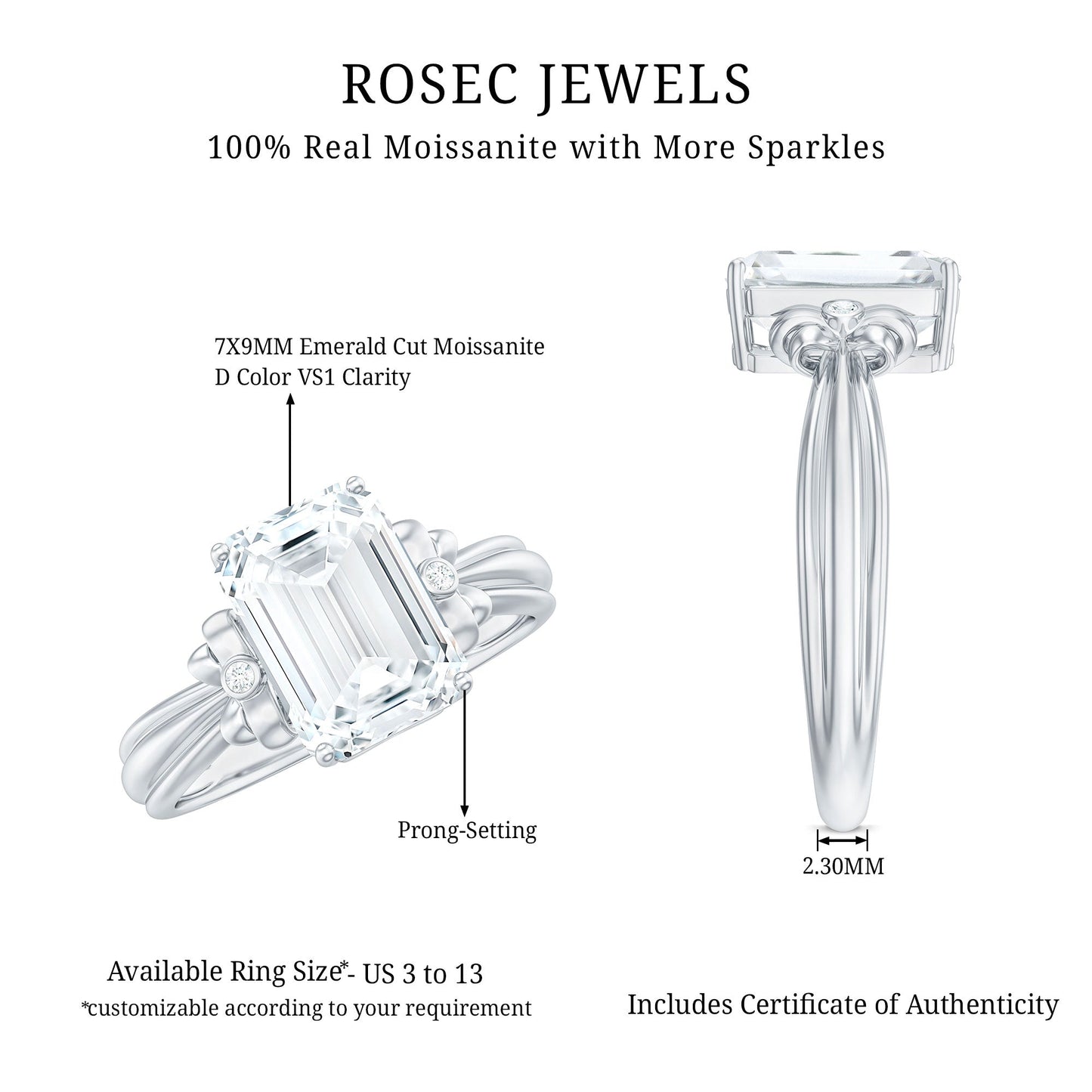Certified Emerald Cut Moissanite Huge Engagement Ring