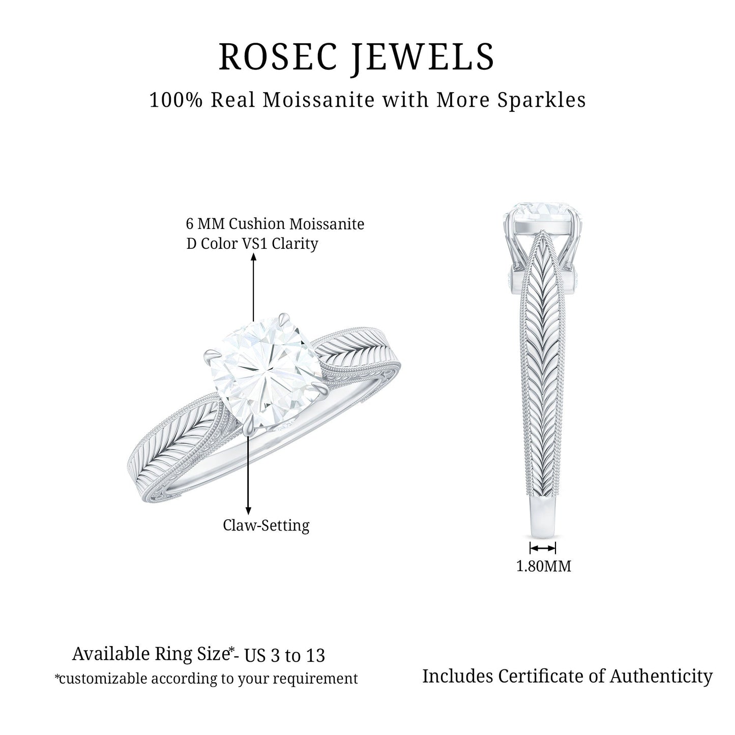 1.7 Carat Cushion Cut Moissanite Solitaire Vintage Inspired Engagement Ring