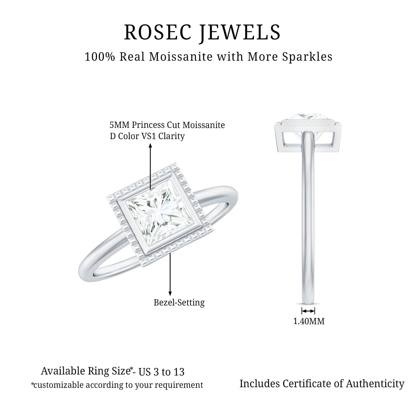 0.7 Carat Princess Cut Moissanite Solitaire Ring in Bezel Setting