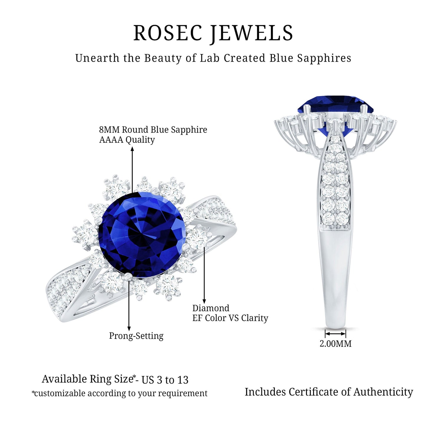 Lab Grown Blue Sapphire Round Engagement Ring with Diamond Accent