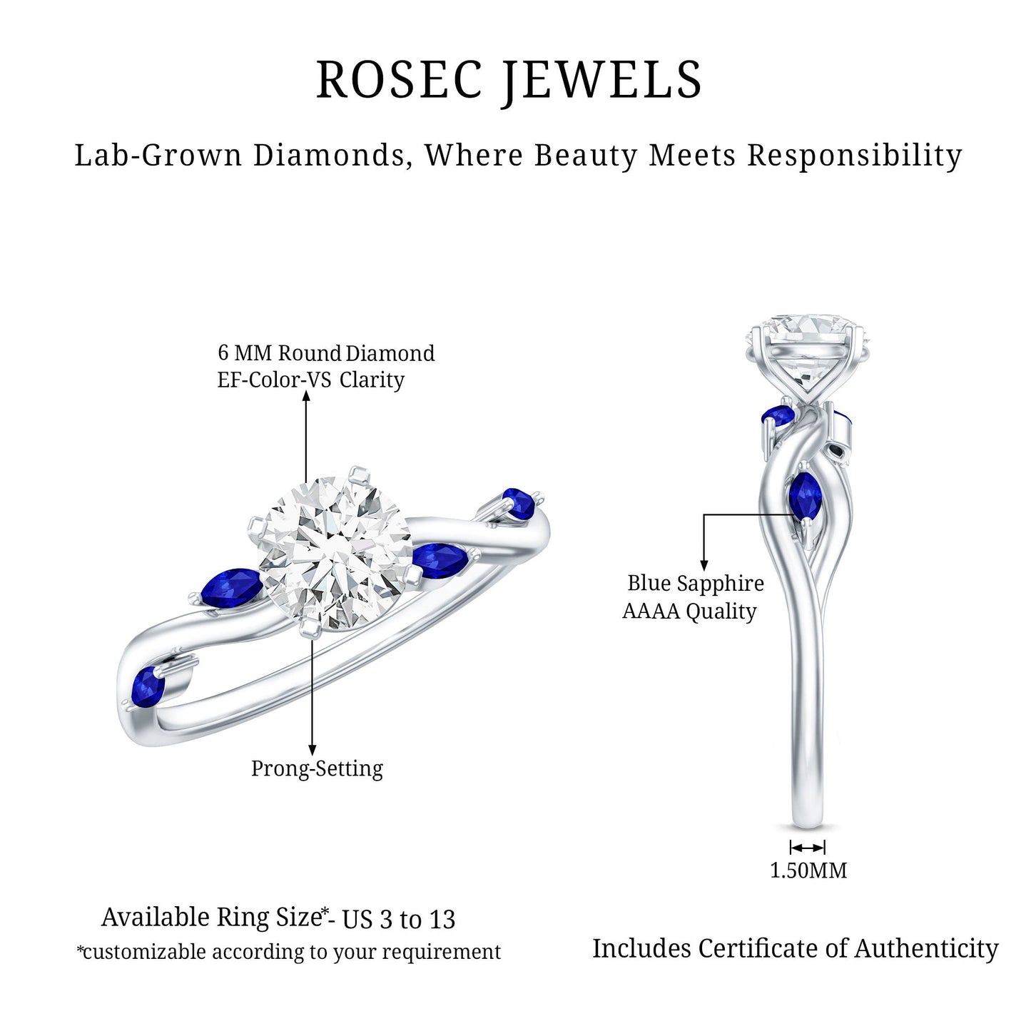 Certified Lab Grown Diamond Engagement Ring with Sapphire