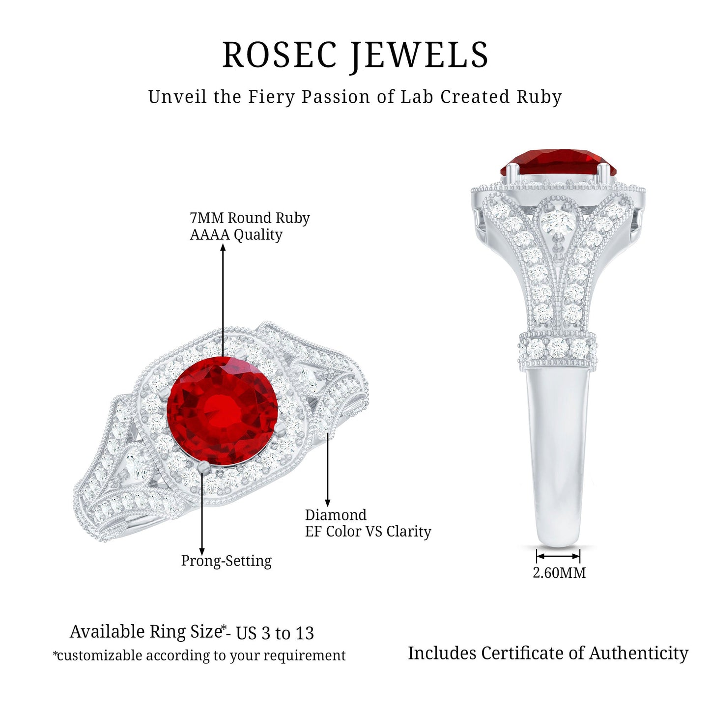 Antique Looking Lab Grown Ruby Engagement Ring with Diamond Halo