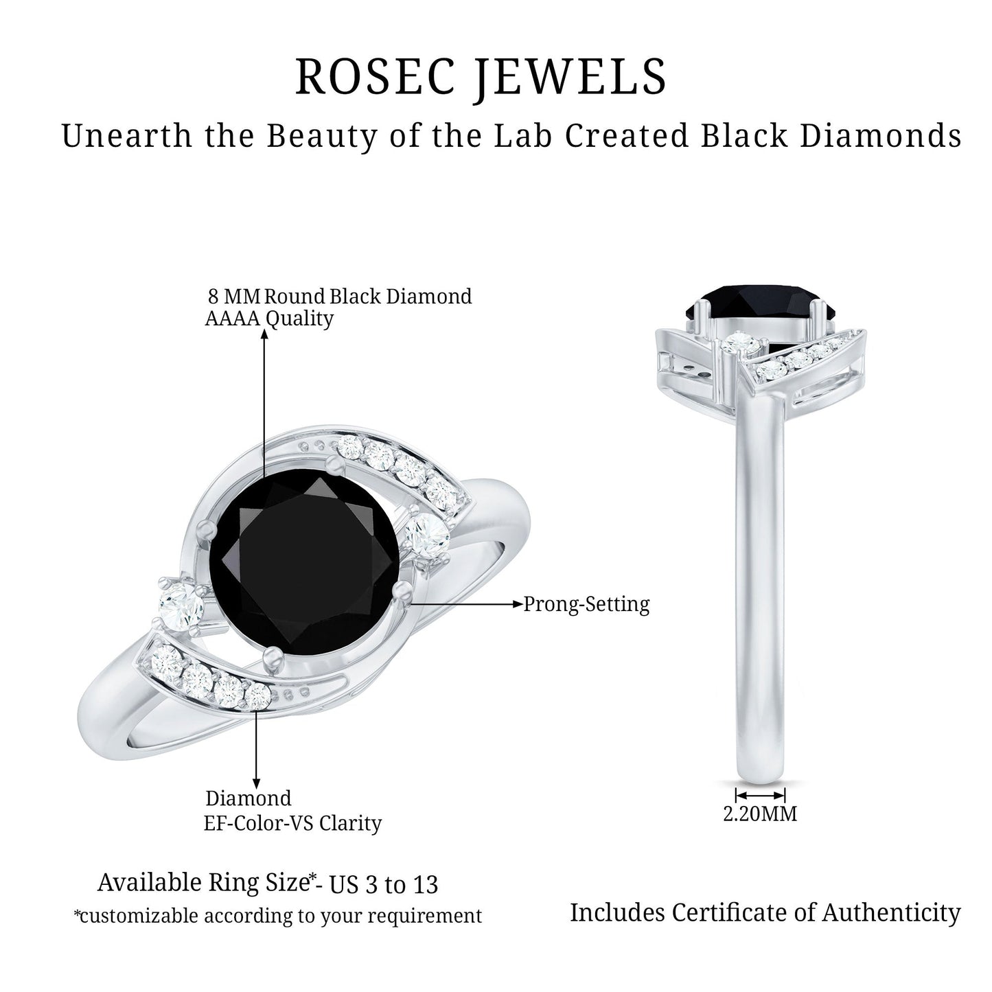 2 Carat Lab Grown Black and White Diamond Engagement Ring for Women