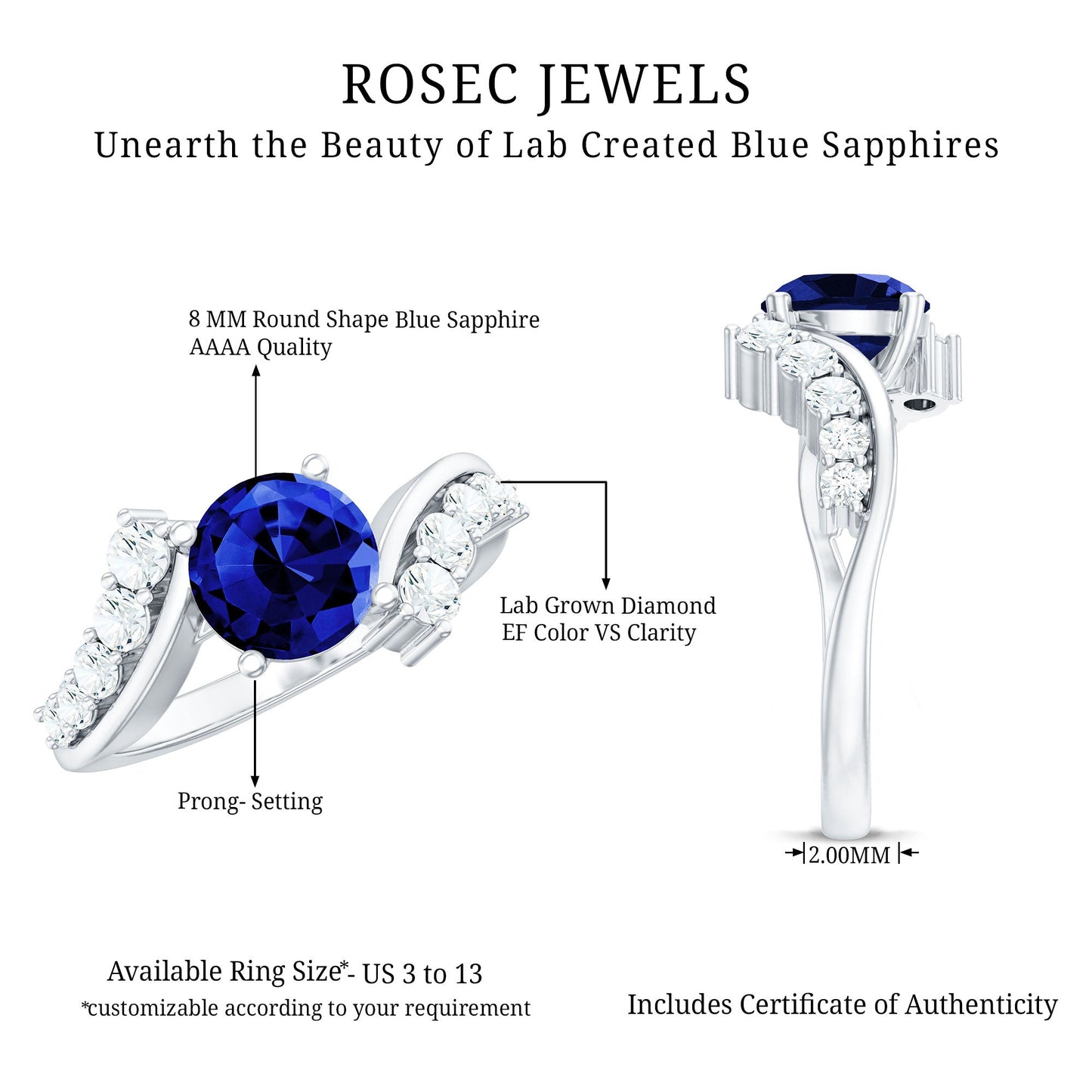 Certified 2.7 Carat Lab Grown Blue Sapphire Engagement Ring with Diamond Bypass Shank