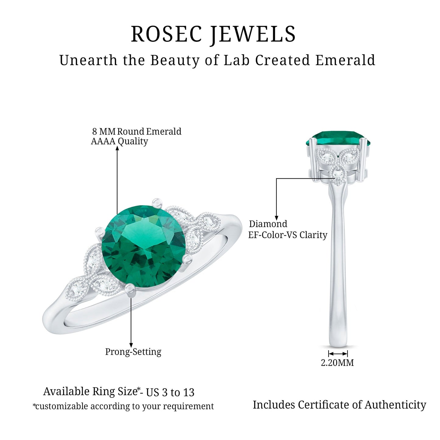 Lab Created Emerald Solitaire Engagement Ring With Diamond