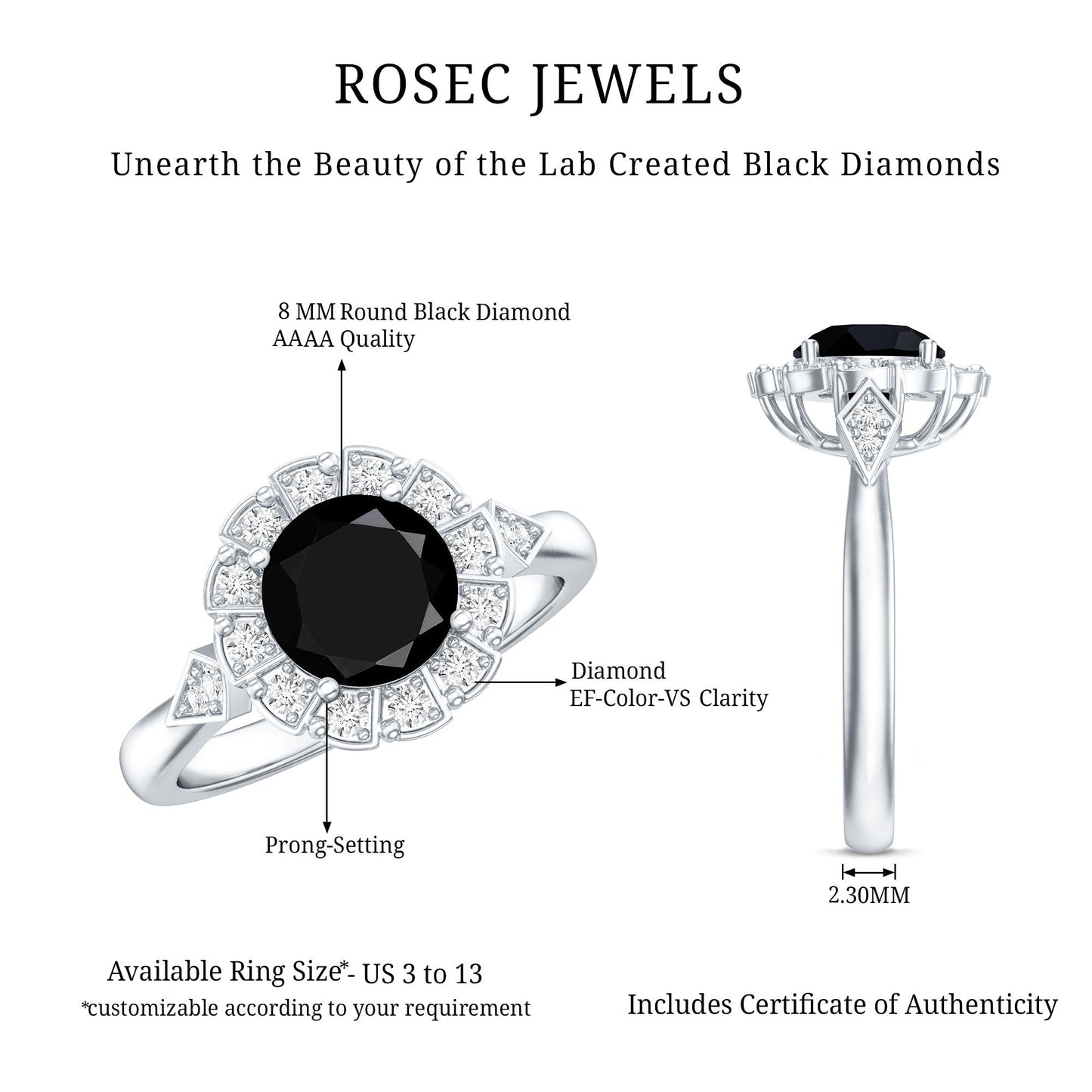 Certified Lab Grown Black Diamond Engagement Ring with Diamond Accent
