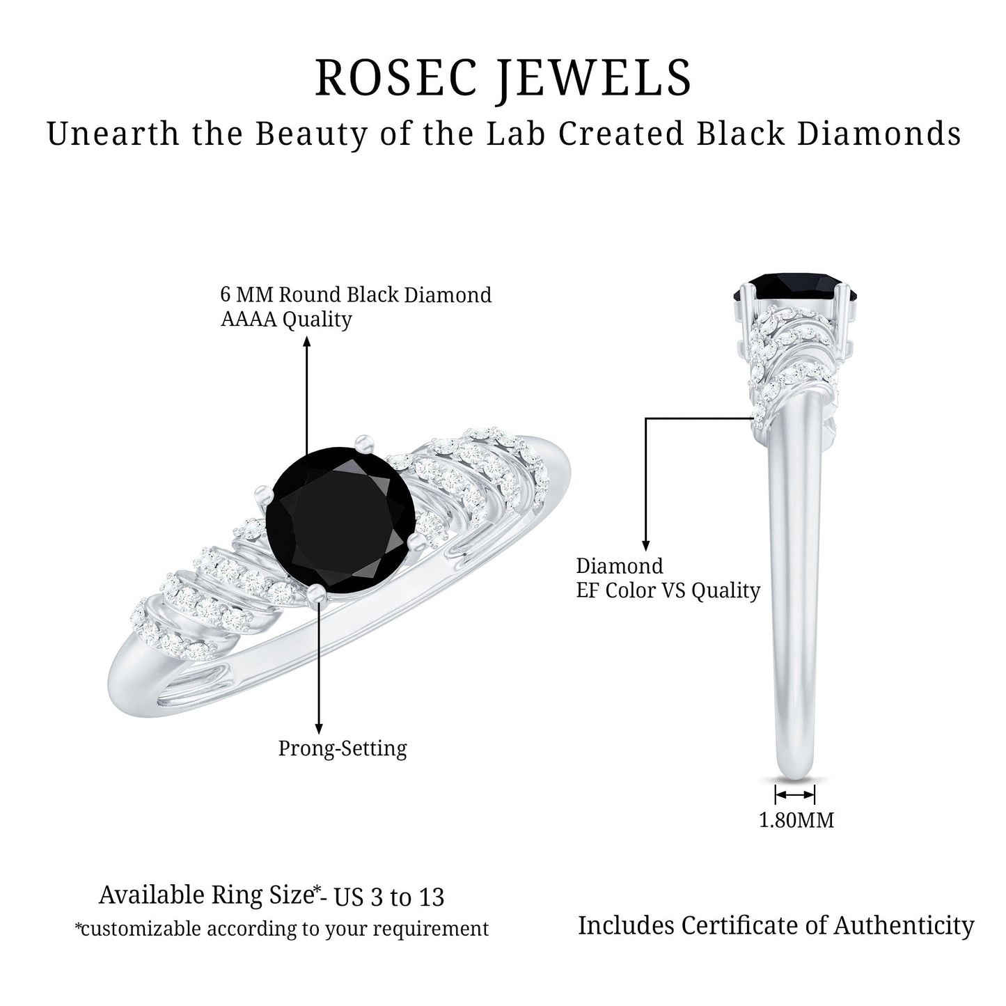 Lab Grown Black Diamond Solitaire Promise Ring With Diamond