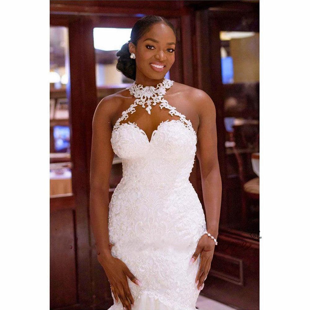 Vintage Lace Beaded Mermaid Wedding Dress - Sheer Neck Bridal Gown