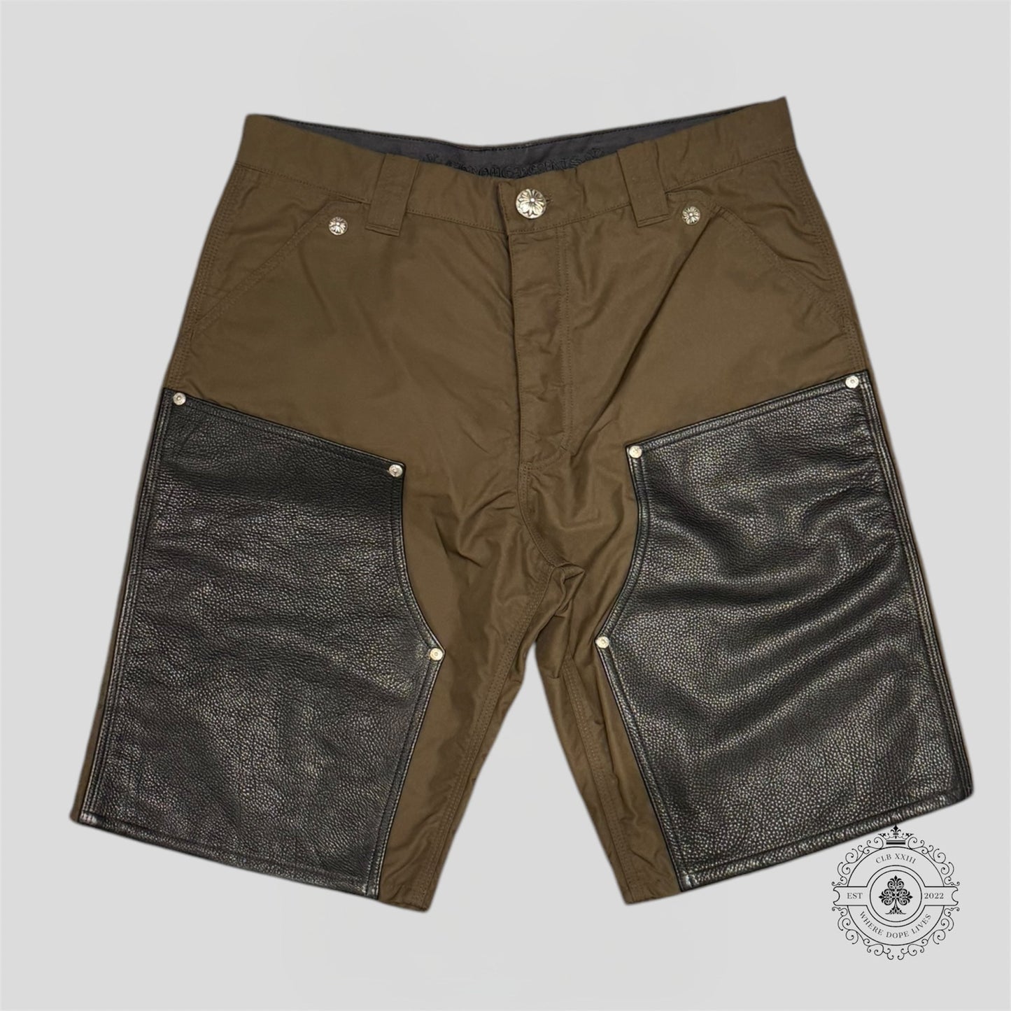 Chrome Hearts Leather Knee Nylon Shorts in Brown / Pink
