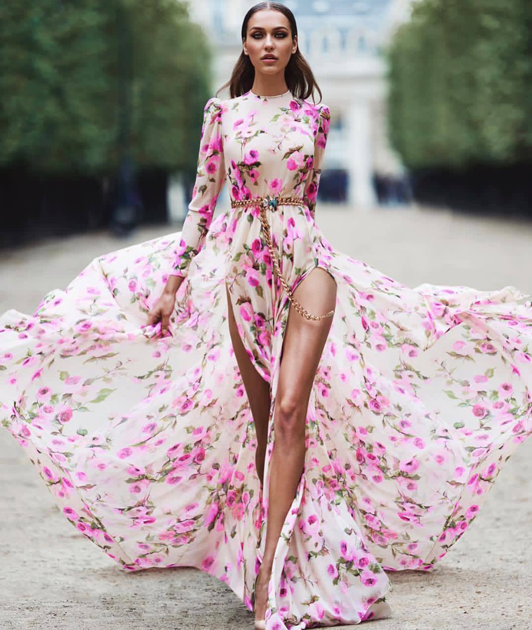 Women Clothing Print Large Swing Dress Slit Fashionable Maxi Dress Beach Dress