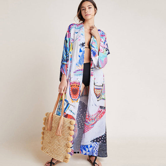 Rayon Printed Mid Length Beach Sun Protection Cardigan Beach Cover Up Swimsuit Outwear Shawl