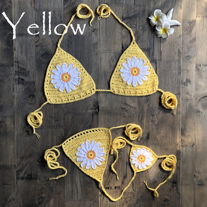 Vacation Split Swimsuit Hand-Woven Daisy Pattern Beach Bikini