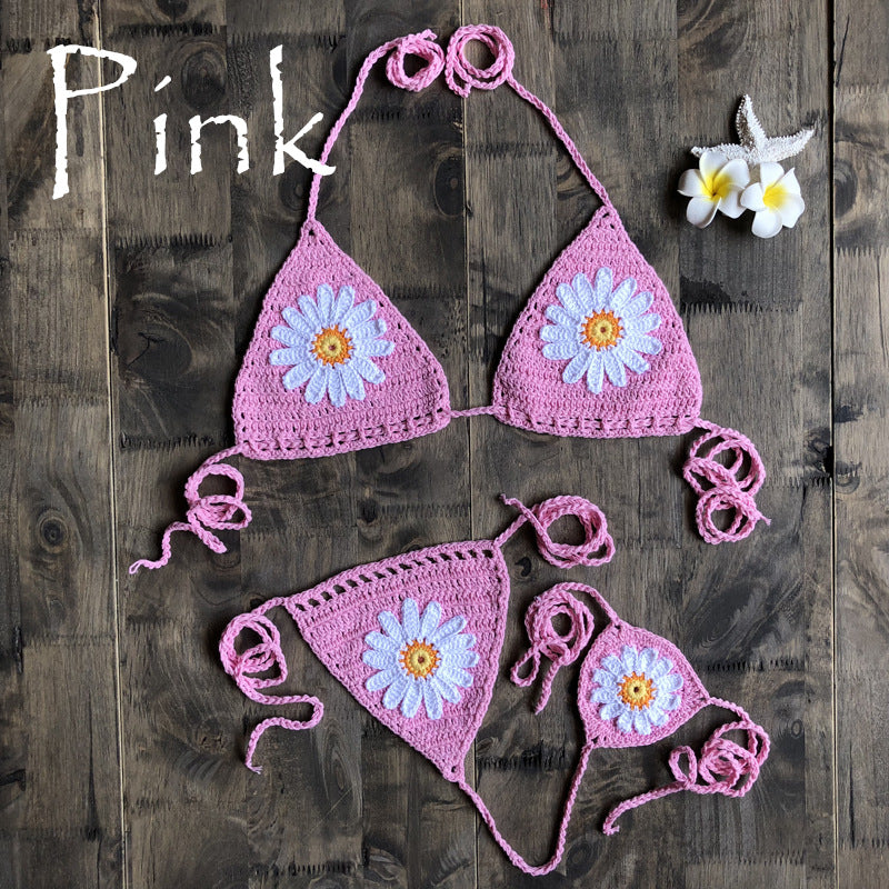 Vacation Split Swimsuit Hand-Woven Daisy Pattern Beach Bikini