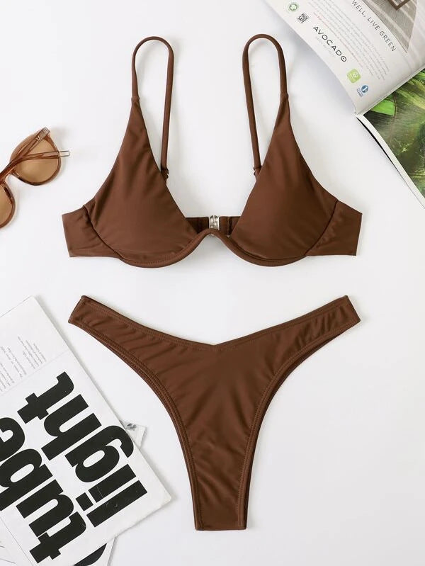 Sexy Bikini Split Gathering Steel Bracket Solid Color Swimsuit Women