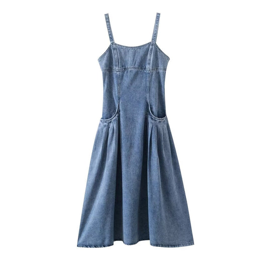 Women Clothing French Casual Pleated Washed Denim Dress Chic