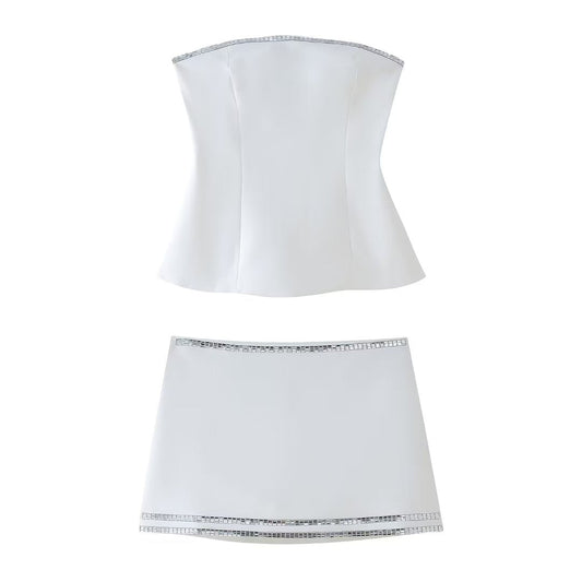Summer Women Jewelry Inlaid Top Tube Top Short Type Skirt Set Women