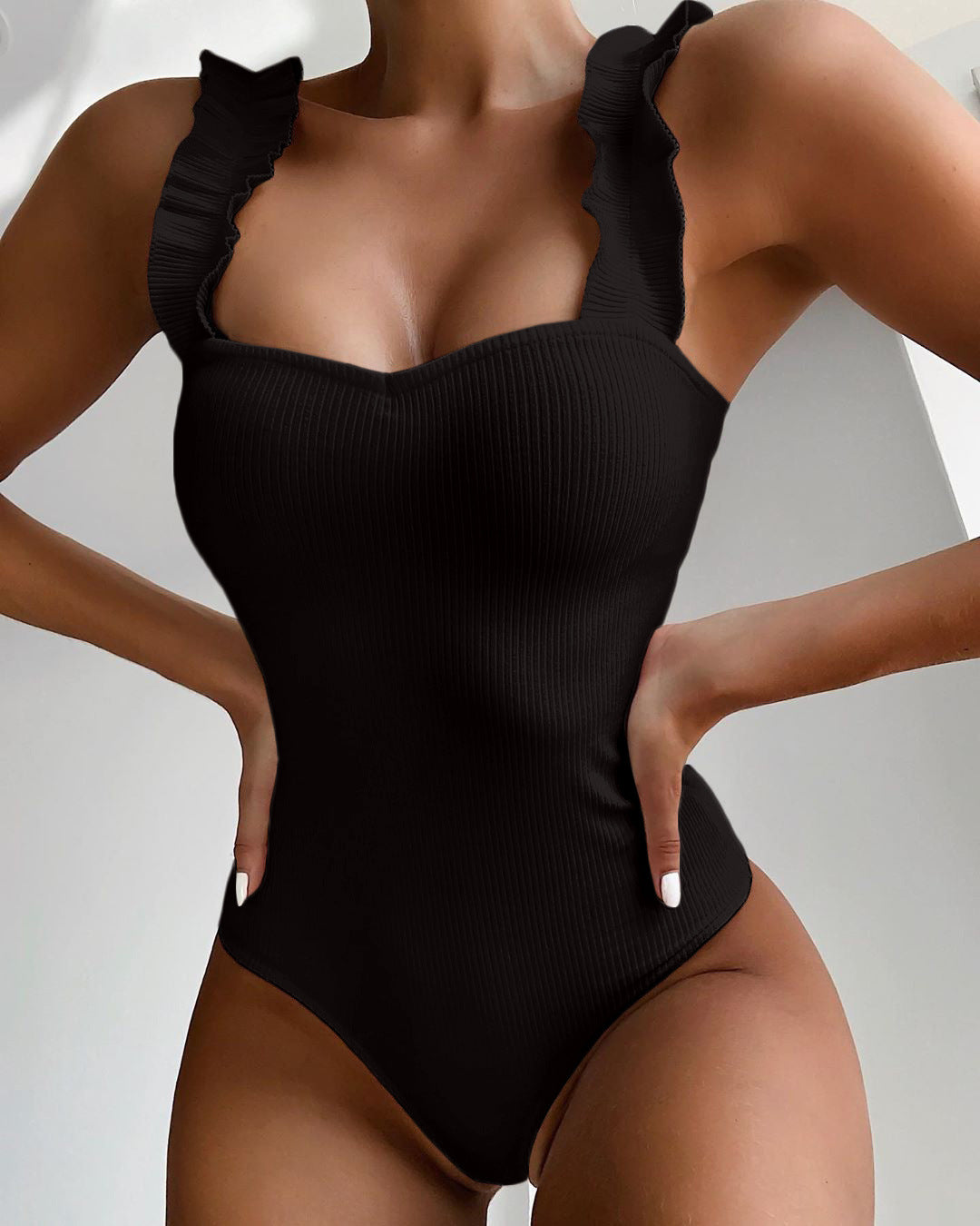 Women Bikini Solid Color Stringy Selvedge Shoulder Strap Sexy Swimsuit