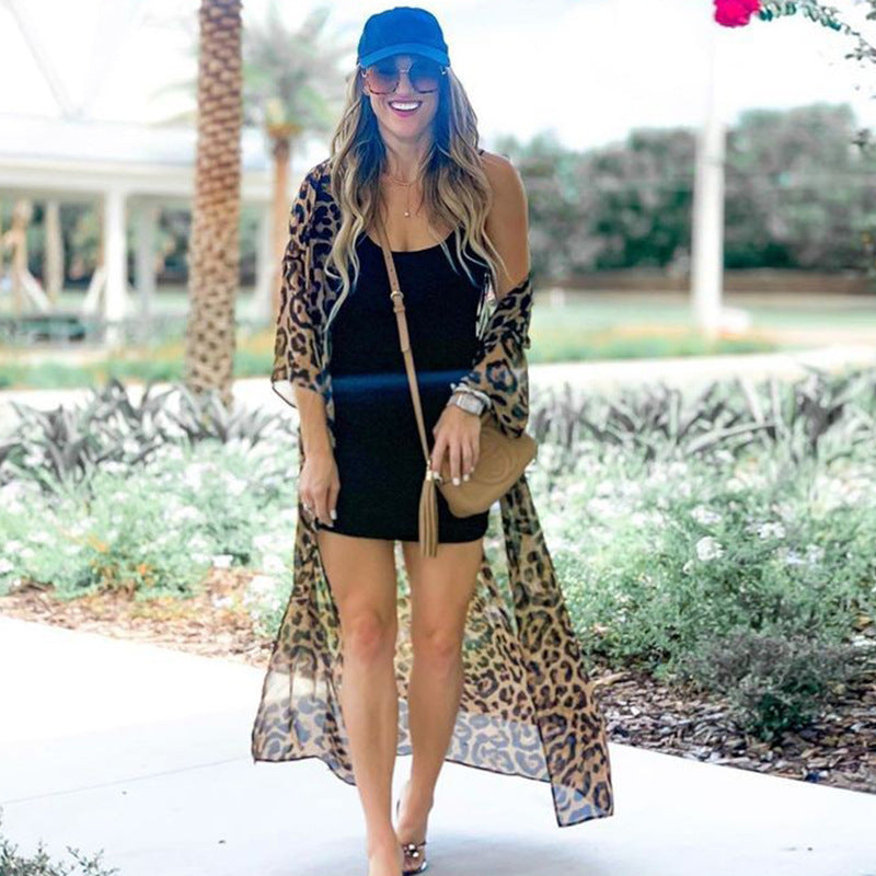 Leopard Point Chiffon Loose Long Cardigan Beach Sun Protection Coat Beach Cover Up Swimsuit Outwear Women