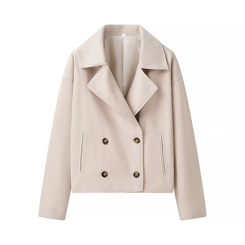 Women Clothing Autumn Winter Casual Collared Double Breasted Woolen Coat Top Women