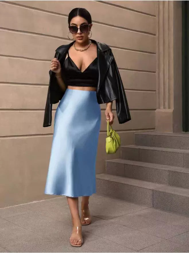 Hip Wrapped Fishtail Skirt Satin Mid Length Skirt Autumn Women Clothing Direct