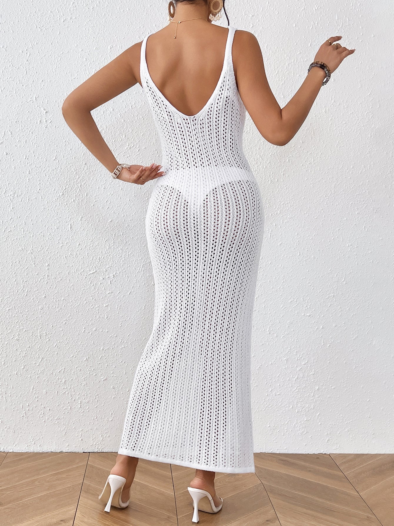 Beach Casual Solid Color Knitted Spaghetti Straps Knitted Blouse Outwear Dress Women