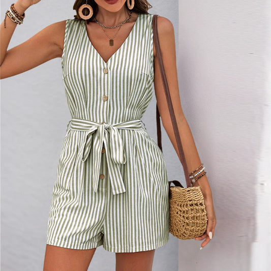Summer Jumpsuit V neck Sleeveless Striped Romper