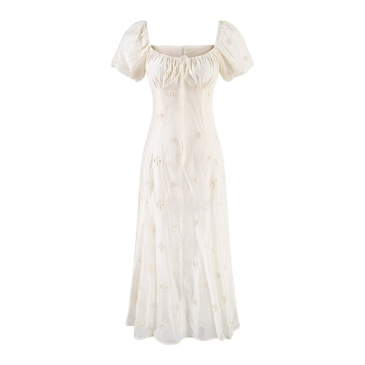 Gentle Sexy Dignified Hollow Out Cutout Embroidery Tie Neck Dress Women Summer Holiday Slimming Dress
