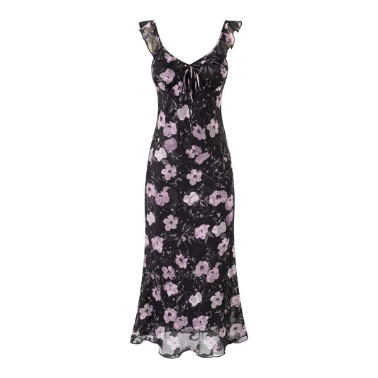 Vacation Ruffled V neck Lace up Printed Fishtail Suspender Skirt Waisted Slim Fit Package Hip Maxi Dress