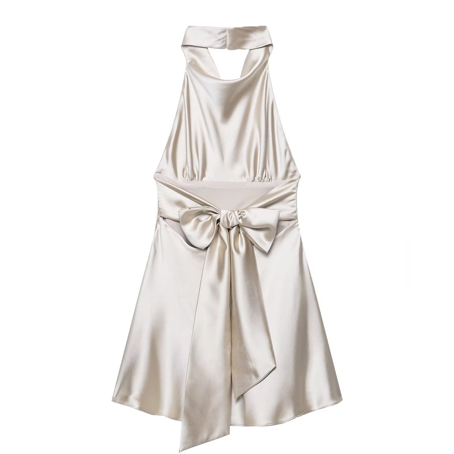 Women Clothing French Silk Satin Texture Waist Tight Halter Short Dress