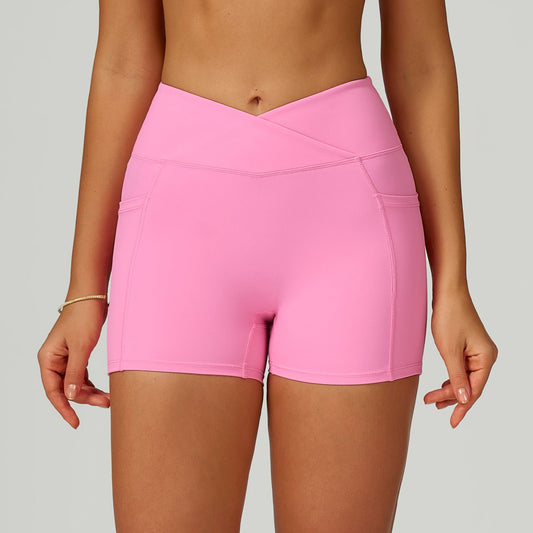 Sollinarry Nude Feel High Waist Yoga Shorts Cross Waist Skinny Yoga Pants Outdoor Running Cycling Sports