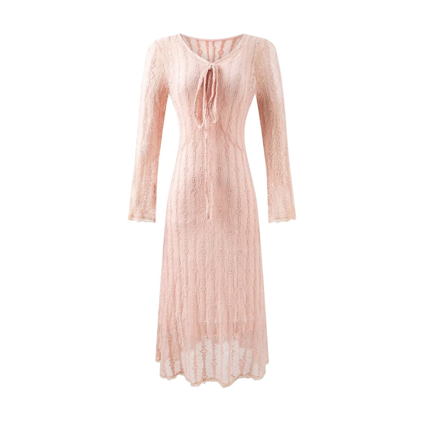 Sweet Jacquard Grid Chic Long Sleeve Dress Autumn Elegant Slim Midi Dress